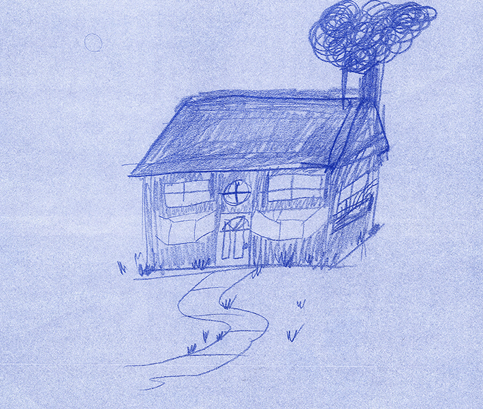 risograph blue toned print of a pencil drawing